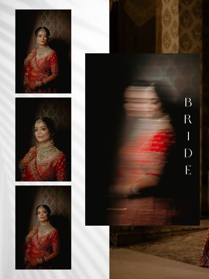 A modern collage of bridal portraits, including a creative motion-blur shot.