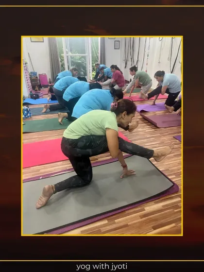 Students practicing a challenging balancing pose that engages the core and improves stability.