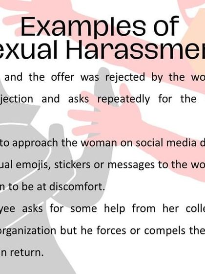 This infographic provides concrete examples of behaviors that constitute sexual harassment, such as repeated unwelcome advances or leveraging professional help for romantic favors. Using such scenarios helps employees recognize and address inappropriate conduct.