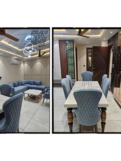 This collage displays the dining area with its marble-top table and quilted chairs, alongside the intricately carved wooden main door that adds a touch of traditional craftsmanship to the modern home.