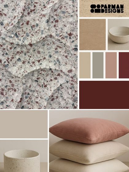 A mood board inspired by the warm, earthy tones of one of our terrazzo designs. The palette of dusty rose, beige, and deep red shows how our surfaces can inspire an entire interior scheme.