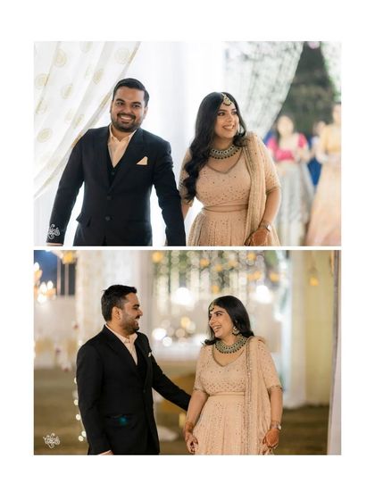A collage showing the couple's entrance and a shared glance, capturing their happiness and connection.