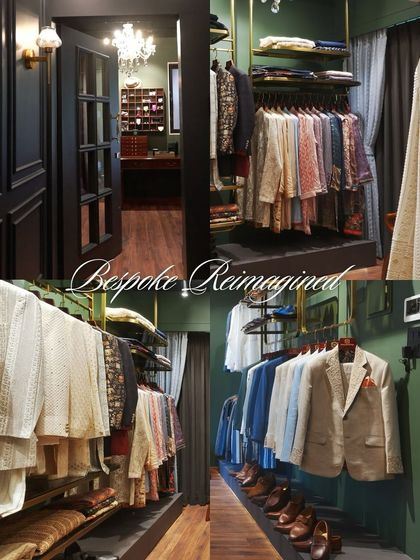 Bespoke reimagined. This collage presents multiple views of our atelier, showcasing the thoughtful design of our space, from the organized racks of clothing to the comfortable consultation areas.