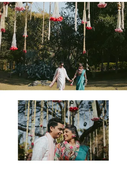 A collage capturing the couple's romantic walk and a sweet, close-up moment, showcasing the beautiful, natural setting of their outdoor Haldi event.