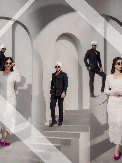 A high-fashion, creative shot using geometric overlays. The couple's modern, stylish outfits and confident poses make this a standout, editorial-style pre-wedding photo.