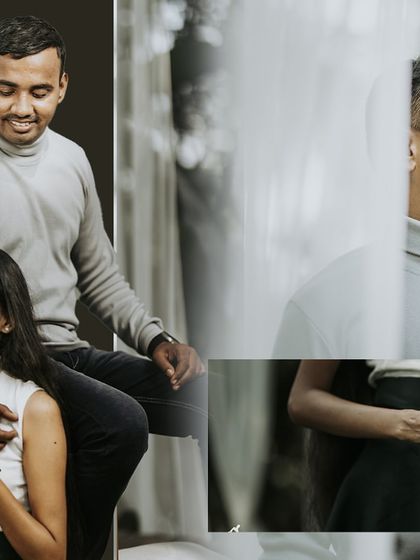 A collage of a couple sharing smiles and laughter during their relaxed and intimate pre-wedding photoshoot.