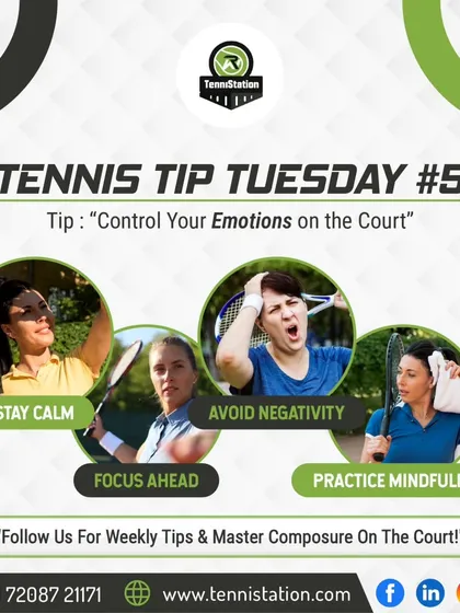 Tennis Tip Tuesday: Control your emotions on the court. We teach players to stay calm, avoid negativity, focus ahead, and practice mindfulness to maintain composure under pressure.
