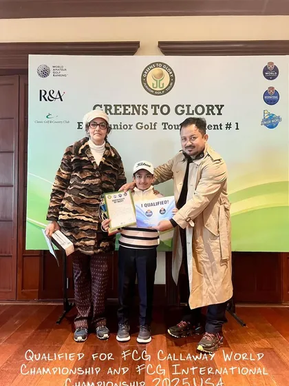 Vedaansh Jain celebrates his runner-up finish at the Greens to Glory Junior Golf Tournament.