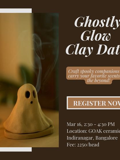 Craft spooky companions in our 'Ghostly Glow' clay date. This workshop guides you in making enchanting ghost-themed incense burners that cast a mysterious glow.