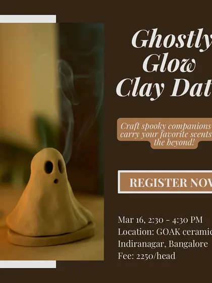 Craft spooky companions in our 'Ghostly Glow' clay date. This workshop guides you in making enchanting ghost-themed incense burners that cast a mysterious glow.