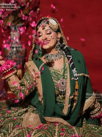 A dynamic shot with falling rose petals adds a touch of romance. The makeup is set perfectly to remain flawless throughout the shoot.