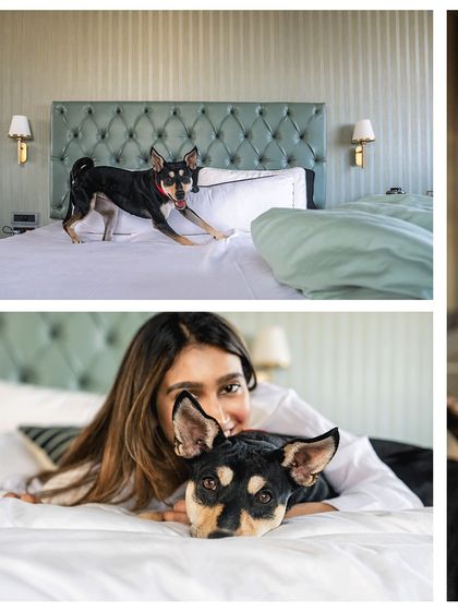 A collage of Luna's at-home session, capturing her playful side on the bed and a quiet, loving moment with her mom.