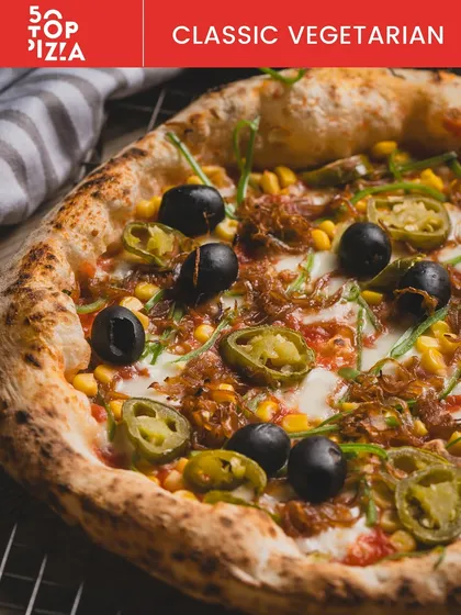 Our Classic Vegetarian pizza, loaded with corn, jalapeños, and olives, was recognized by 50 Top Pizza. It's a flavour explosion.
