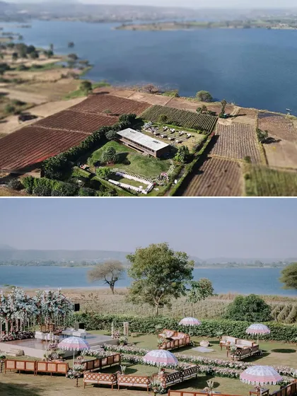 An aerial view of a stunning lakeside venue at Sula Vineyards. Drone photography allows me to capture your wedding setting in a way that ground-level shots simply cannot.