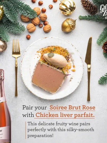 A duplicate of 95, this image highlights the elegant pairing of our Soirée Brut Rosé with a delicate chicken liver parfait, perfect for starting a celebration.