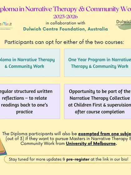 Participants in our Narrative Therapy program can choose between two course options. This visual explains the Diploma and the One Year Program, highlighting the opportunity to join our Narrative Therapy Collective after completion.