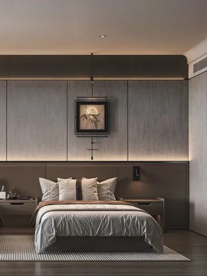 A hotel guest room visualization with a serene, Asian-inspired aesthetic. The render focuses on the textured wall panels and the simple, elegant decor.