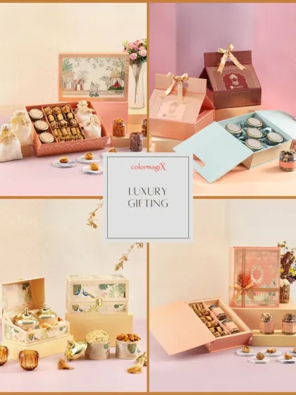 A collage showcasing the variety of our luxury gifting options, from sweet boxes and tray hampers to elegant gift bags, suitable for any festival.