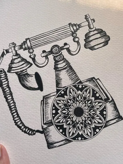 I combined a vintage telephone illustration with my signature art style by replacing the rotary dial with a detailed mandala. This is a great example of how I can merge different themes into a custom piece.