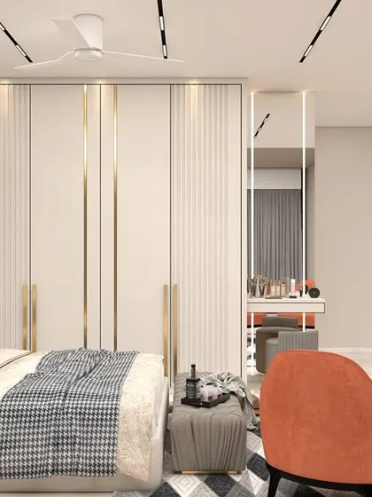 A 3D render of a bedroom with a monochromatic theme. The design features elegant wall paneling, a tufted headboard, and pops of orange from the accent chairs, creating a chic and modern look.