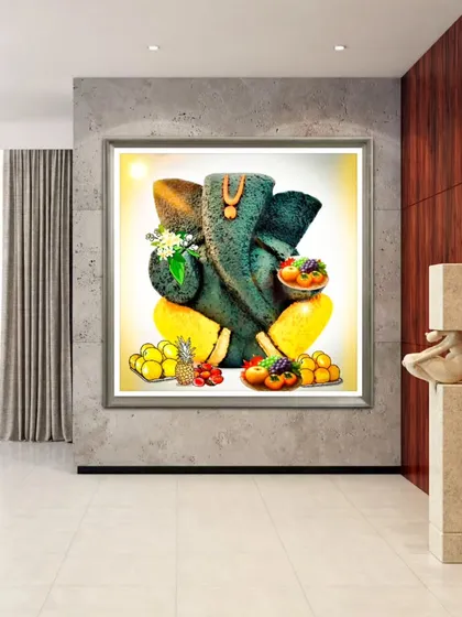 A digital Ganesha painting with a textured, stone-like finish and a cool color palette. This variation gives the artwork a more sculptural and contemporary feel.