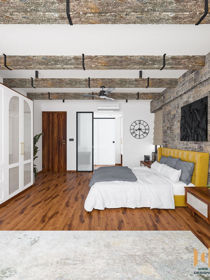 A full view of the rustic bedroom, showing the interplay of textures: rough stone, aged wood, and soft textiles.