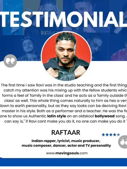 We're honored to have the one and only Raftaar share his experience with us. He recognized our passion for mixing authentic Latin styles with old-school Bollywood, and we're proud to have him as part of our extended dance family.