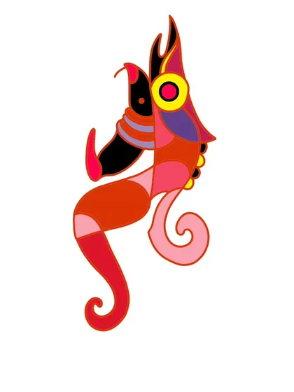A whimsical, seahorse-like creature rendered in warm, vibrant colors.