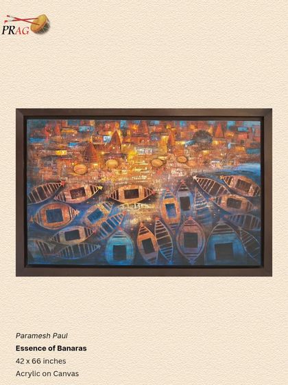 Paramesh Paul's "Essence of Banaras" is a deeply atmospheric piece. The dark, simple floater frame allows the artwork's edges to be visible, giving the impression that the canvas is suspended within the frame and enhancing its depth.