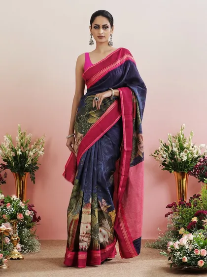 The full view of the Pichwai-printed saree, a stunning piece that tells a story of Indian heritage.