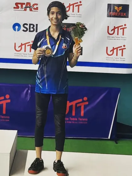 Our rising star Kavya Bhat on the winner's podium after receiving her bronze medal in the under-15 girls category at the UTT National Ranking Tournament in Telangana.