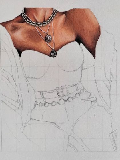 A wider view of the initial "silver outfit" WIP, showing the grid lines I use for accurate proportions.