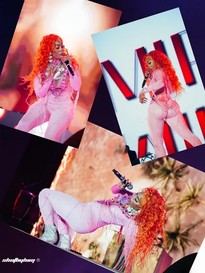 A creative collage of the female performer from Akon's show, showcasing her dynamic dance moves and vibrant stage costume from multiple angles.