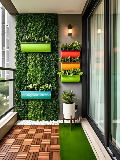 This balcony design uses a vertical green wall and colorful planters to add life and color. The interlocking deck tiles are a practical and stylish flooring solution for outdoor spaces.