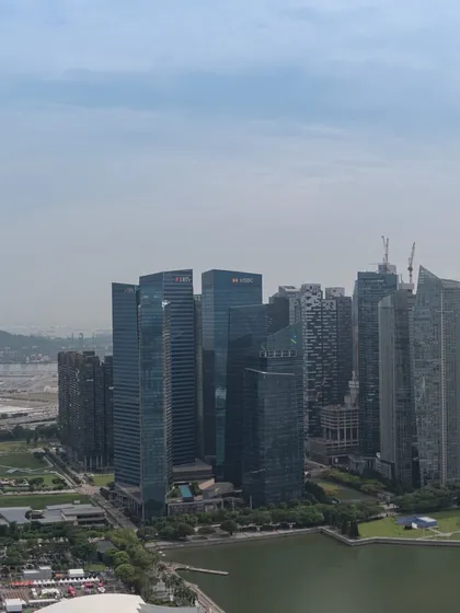 An aerial view of Singapore, showing the contrast between the modern skyscrapers and the green spaces of Gardens by the Bay.