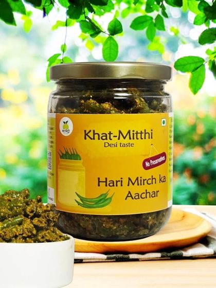 A beautiful shot of the Hari Mirch ka Achaar. The chillies are pickled in cold-pressed mustard oil with home-ground spices to keep the taste authentic.