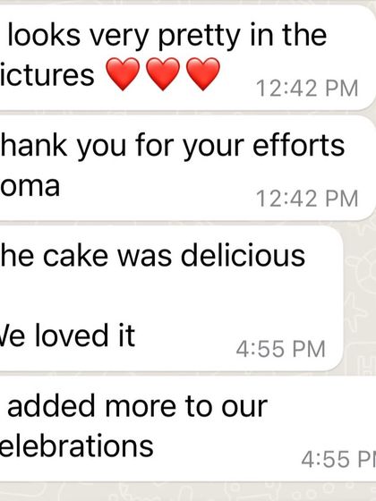 A happy client's feedback on their gender reveal cake.