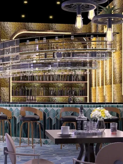 For this Dubai lounge and bar, I created a visually stunning centerpiece with a multi-tiered, illuminated glass rack over the bar. The design combines textured gold walls, geometric tiles, and industrial-style lighting to craft an upscale and energetic atmosphere for guests.
