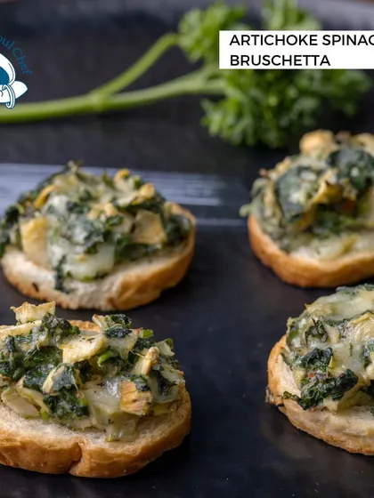 A classic appetizer that never fails to please. My Artichoke Spinach Bruschetta features a creamy and cheesy topping on a perfectly toasted slice of baguette, ideal for any corporate or social gathering.
