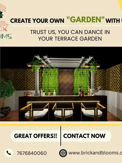 Create your own garden with us. This graphic highlights our expertise in creating terrace gardens, complete with features like an outdoor bar and vertical green walls.
