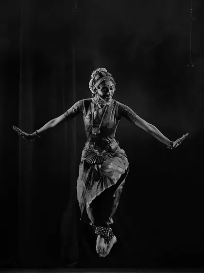 This moment of flight captures the pure bliss I feel when I dance. For me, choreography is about creating these moments of abandon, where the body, mind, and soul are one. This is a glimpse into the dynamic energy I bring to my Bharatanatyam productions.
