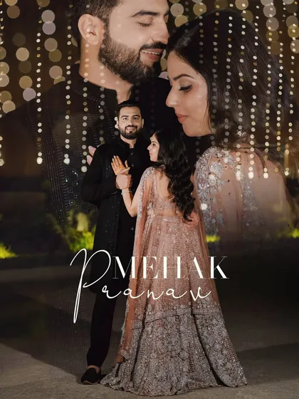 A beautiful double-exposure portrait of the couple from their sangeet. The image blends a full-length shot with a romantic close-up, creating a dreamy and artistic effect.