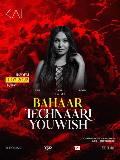 A fiery red poster for my gig at The Kai Room, Gurgaon, alongside Technaari and Youwish.