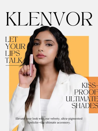 This is a clean and impactful commercial beauty shot created for the brand Klenvor. The composition is designed to draw the eye directly to the product, with the model's direct gaze and professional styling reinforcing the brand's message of conscious, confident beauty.