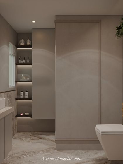 This bathroom captures the essence of raw elegance through its masterful blend of texture and tone. Fabric-look tiles with subtle moulding details wrap the walls, adding depth and a tactile softness that mimics woven material.