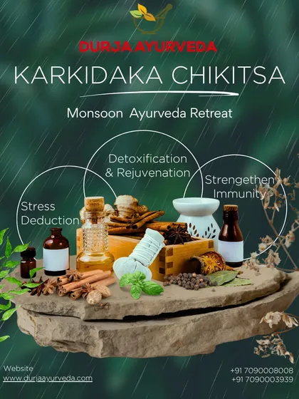 This image showcases the natural ingredients used in our Karkidaka therapies. We use a blend of herbs and oils for detoxification, stress reduction, and strengthening immunity during the monsoon season.