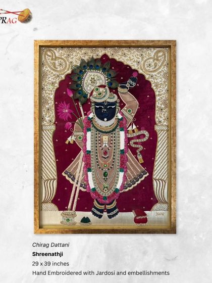 This hand-embroidered Shreenathji by Chirag Dattani is a work of devotional art. We selected an ornate gold frame that complements the intricate Jardosi work and embellishments, befitting the divine subject.