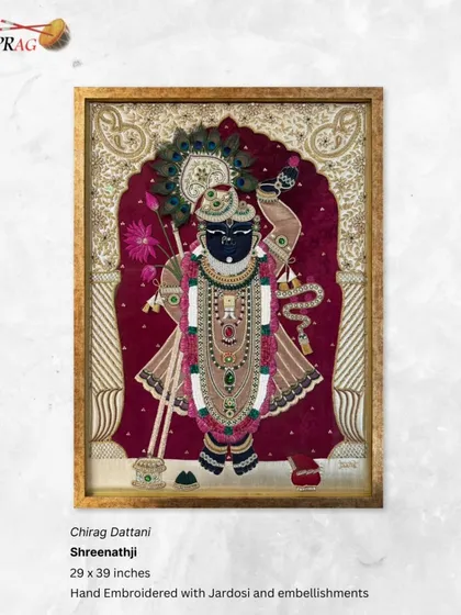 A magnificent 'Shreenathji' artwork by Chirag Dattani, exquisitely hand-embroidered with Zardosi, elevating traditional Pichhwai art into a textile masterpiece.