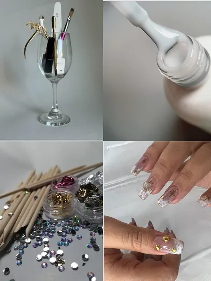 An inspiration board for a clean, elegant, and modern nail set. This collage features the tools and materials I use to create my signature looks.