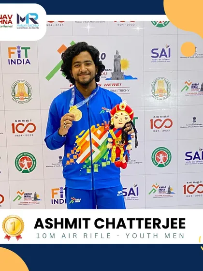 A champion's smile. Ashmit Chatterjee on the podium with his Gold medal at the Khelo India Youth Games, a testament to his hard work and our academy's guidance.